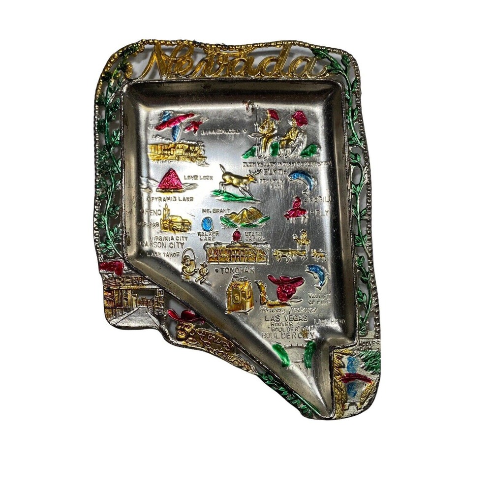 Vintage Enco Ash Tray Souvenir Metal State Travel Silver-Tone Nevada